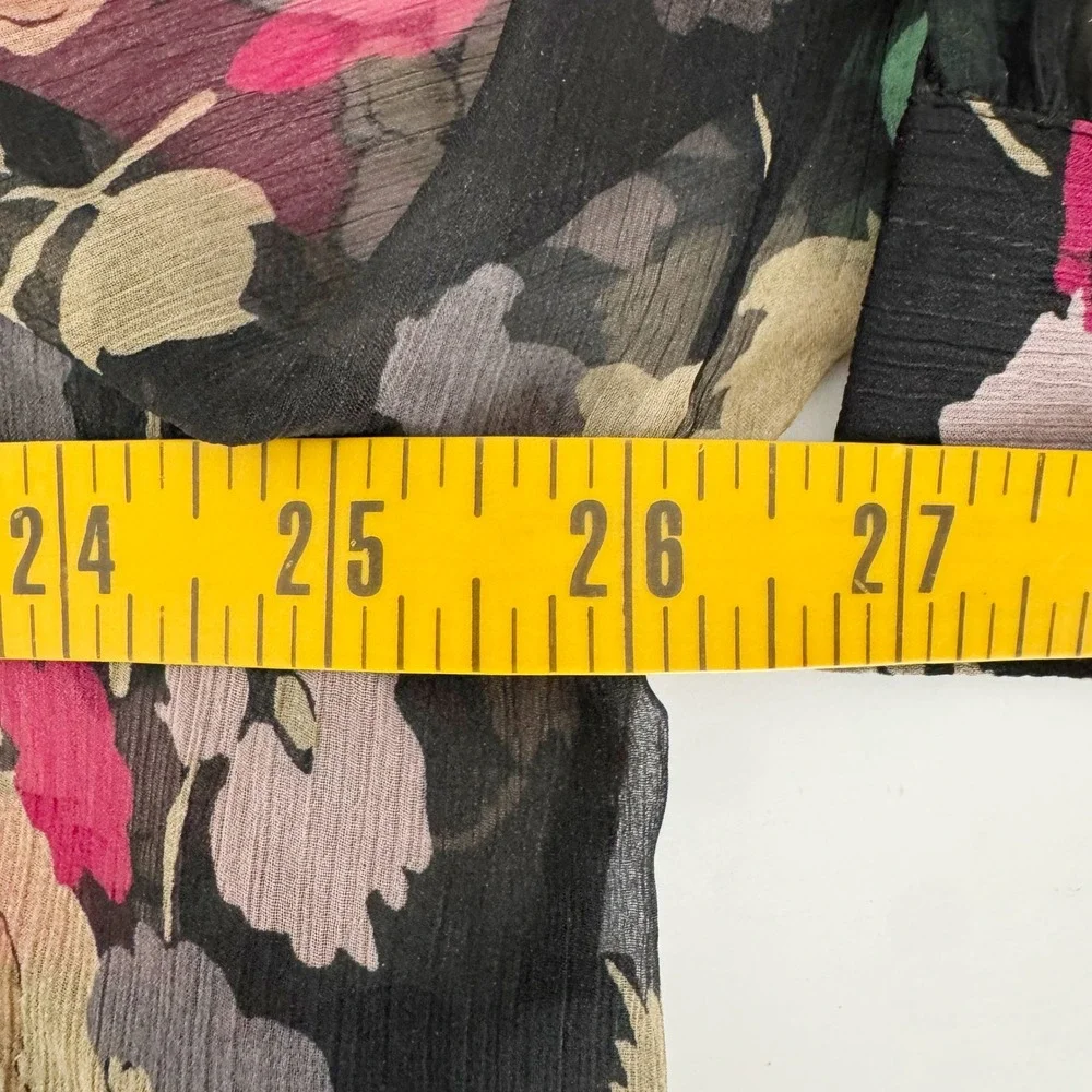 Lauren Ralph Lauren Blouse Womens 2X Black Floral Sheer Tie Neck Long Sleeve Top